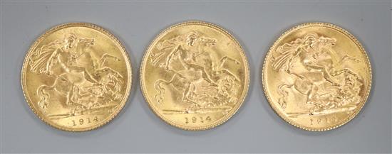 Three 1914 gold half sovereigns.